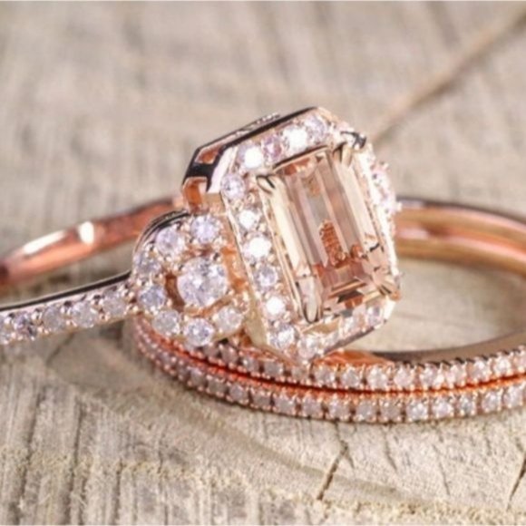 NEW 18K Rose Gold  Morganite 2 Piece Ring Set - Picture 3 of 13